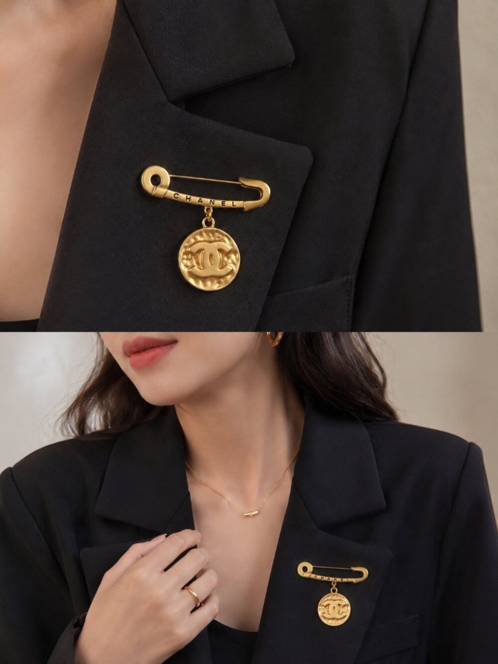 Vintage Gold Tone Safety Pin Brooch With Medallion Charm Statement Jewelry